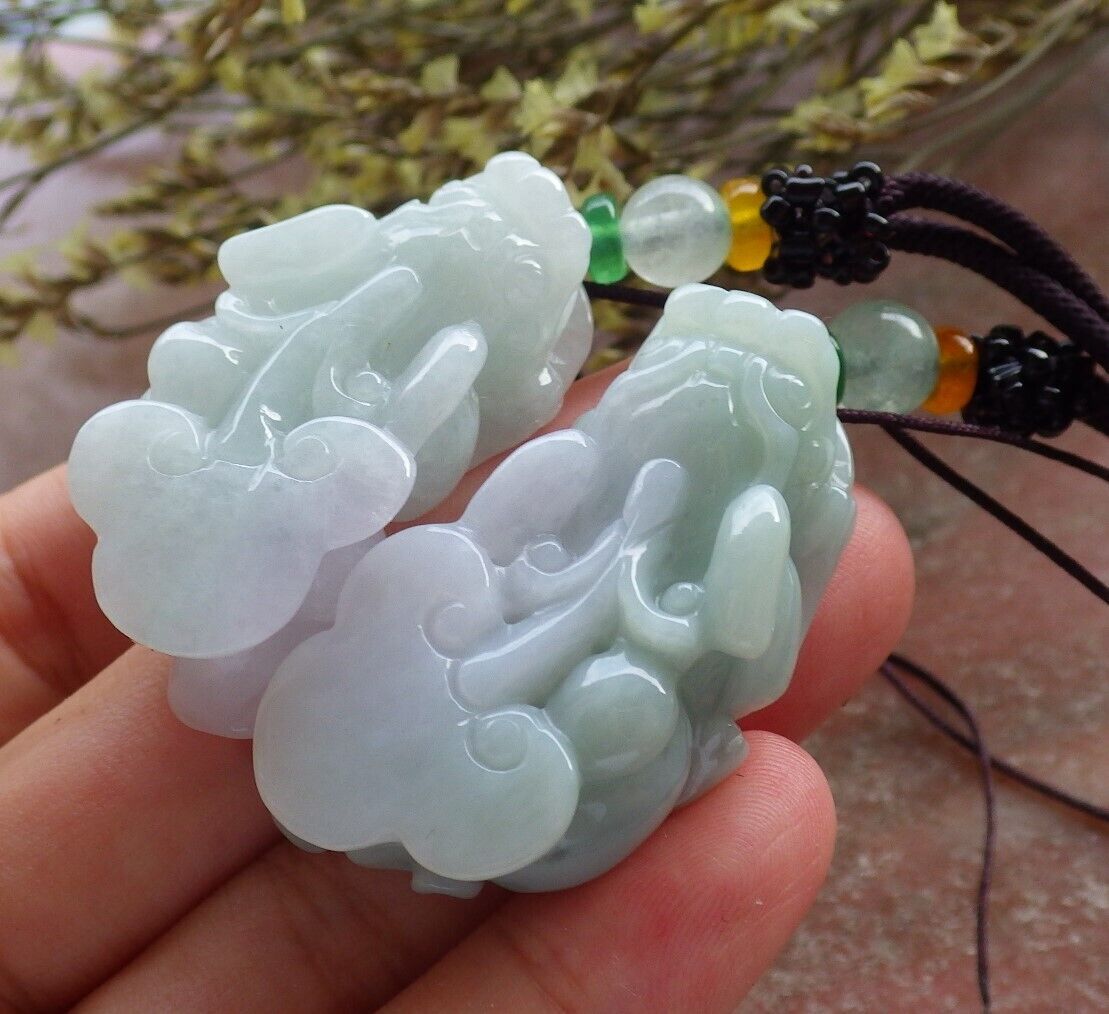 Pair Certified Green Pale Lavender Burma 100% Natural A Jade jadeite Pendant Dragon Pi Xiu Money Coin Ruyi Necklace 风水貔貅 573992 TN