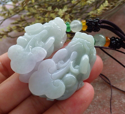 Pair Certified Green Pale Lavender Burma 100% Natural A Jade jadeite Pendant Dragon Pi Xiu Money Coin Ruyi Necklace 风水貔貅 573992 TN