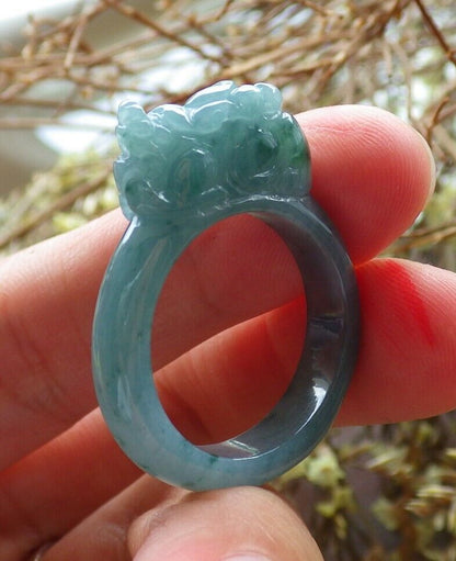 Certified Icy Green 100% Natural A JADE Jadeite Dragon Pi Xiu RING USA. 8.75 戒指 523800  TN
