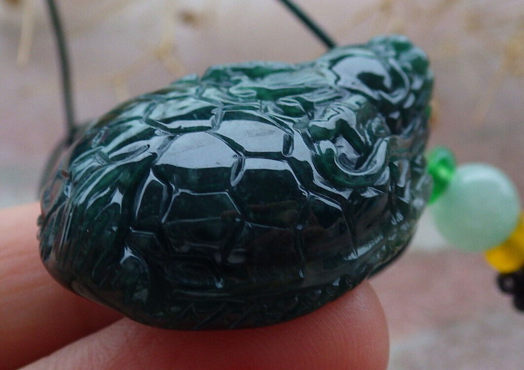 Certified Icy Green Burma 100% Natural A Jade jadeite Pendant Dragon Turtle Money Coin Necklace 龙龟 636567  TN