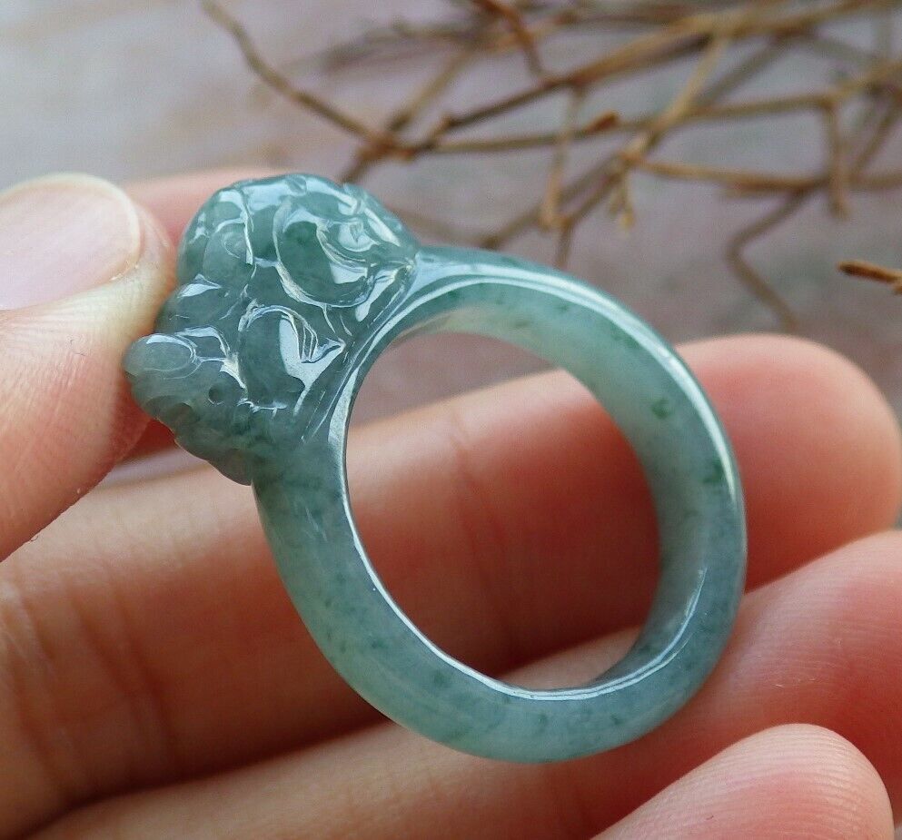 Certified Icy Green 100% Natural A JADE Jadeite Dragon Pi Xiu RING USA. 7.25 风水貔貅戒指 530069  TN