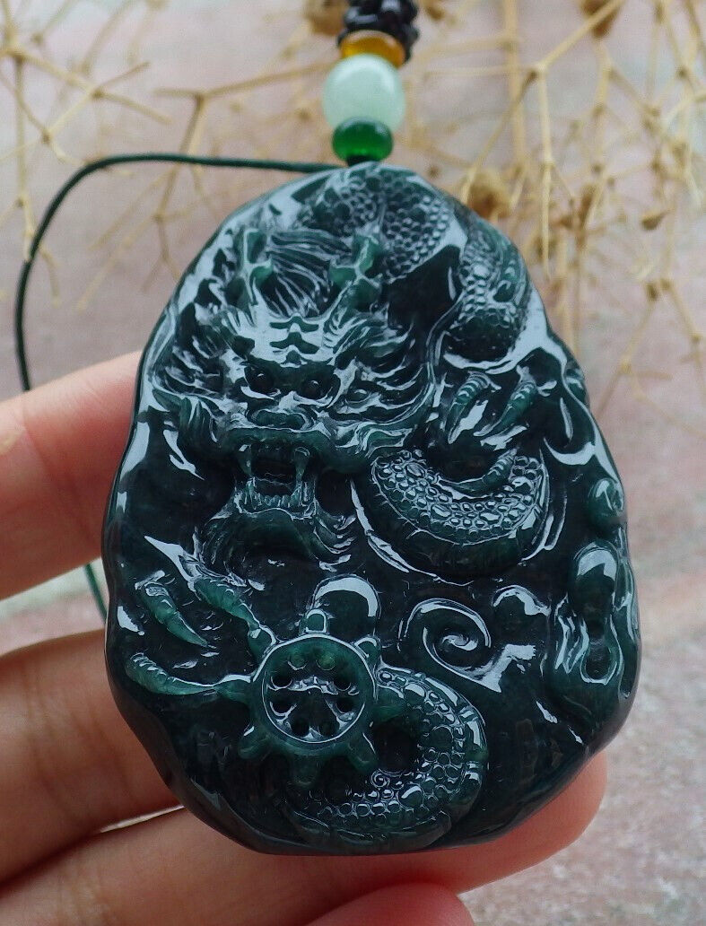 Certified Icy Blue Water Green Burma 100% Natural A Jade jadeite Pendant Dragon Bead Necklace 生意兴隆 636290  TN