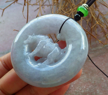 Certified Green Pale Lavender 100% Natural A Jade jadeite pendant Cow Ox Circle Necklace 风水牛 523719  TN