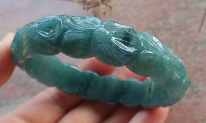 Certified Icy Green Burma 100% Natural A JADE Jadeite Flower Bangle Bracelet 57 mm 手镯 634192  TN
