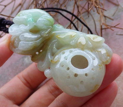 Certified Green Yellow 100% Natural A Jade jadeite Pendant Frog Toad Lotus Flower Coin Necklace 金蟾 528651  TN