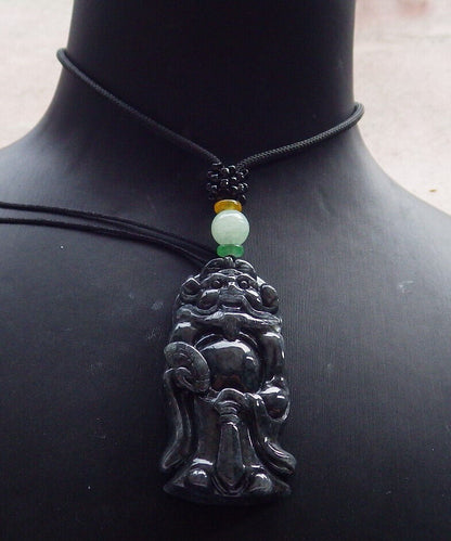 Certified Black Burma 100% Natural A Jade jadeite pendant Zhong Kui God Sword Fan Necklace 钟馗 633430  TN