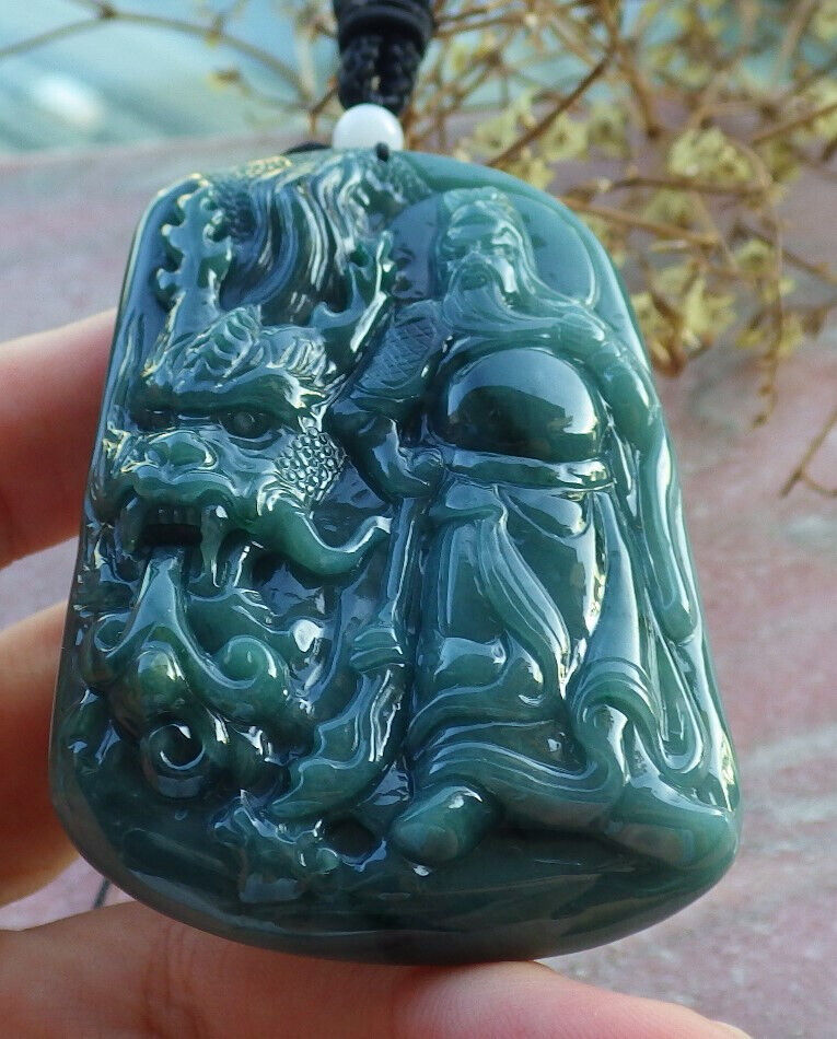 Certified Yellow Green Burma 100% Natural A Jade jadeite pendant Guan Gong God Dragon Sword Necklace 关公 635607  TN