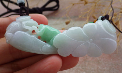 Certified Green Burma 100% Natural A Jade jadeite Pendant Frog Toad Lotus Flower Leaf Necklace 招财蟾 636959  TN