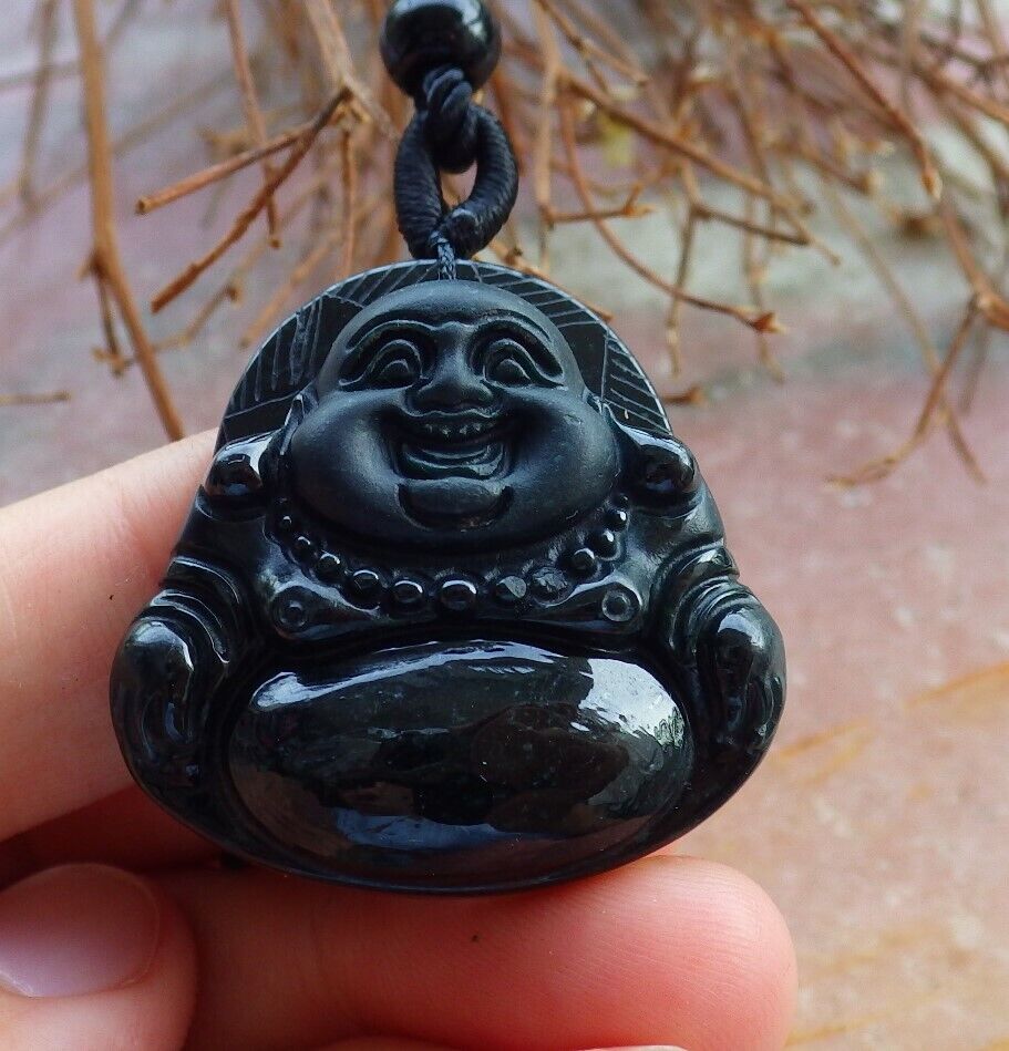 Certified Black Green 100% Natural A Jade jadeite pendant Happy Buddha God Necklace 墨翠 佛公 528926  TN
