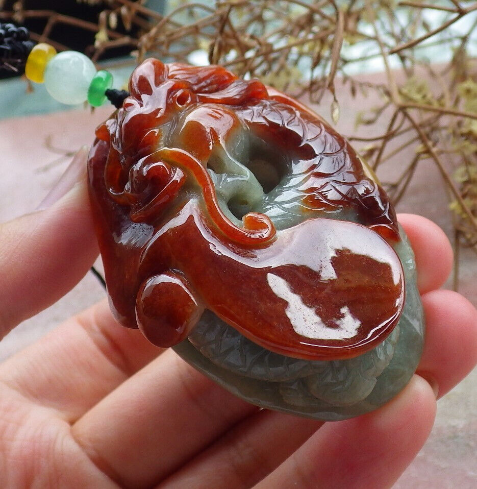 Certified Red Green Burma 100% Natural A Jade jadeite Pendant Dragon Ruyi Necklace 生意兴隆 632668  TN