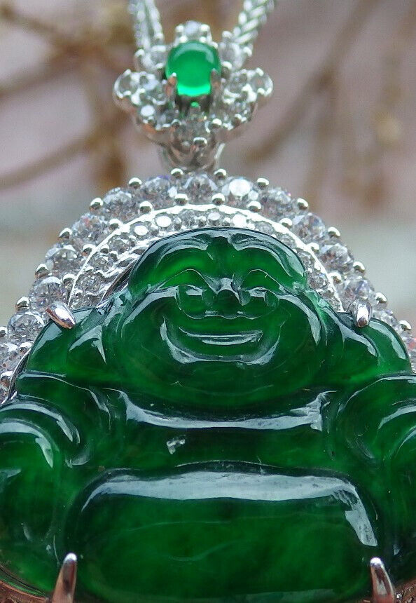Icy Green Silver 925 Certified Burma 100% Natural A JADE Jadeite pendant Happy Buddha God Necklace 佛公 635249  TN