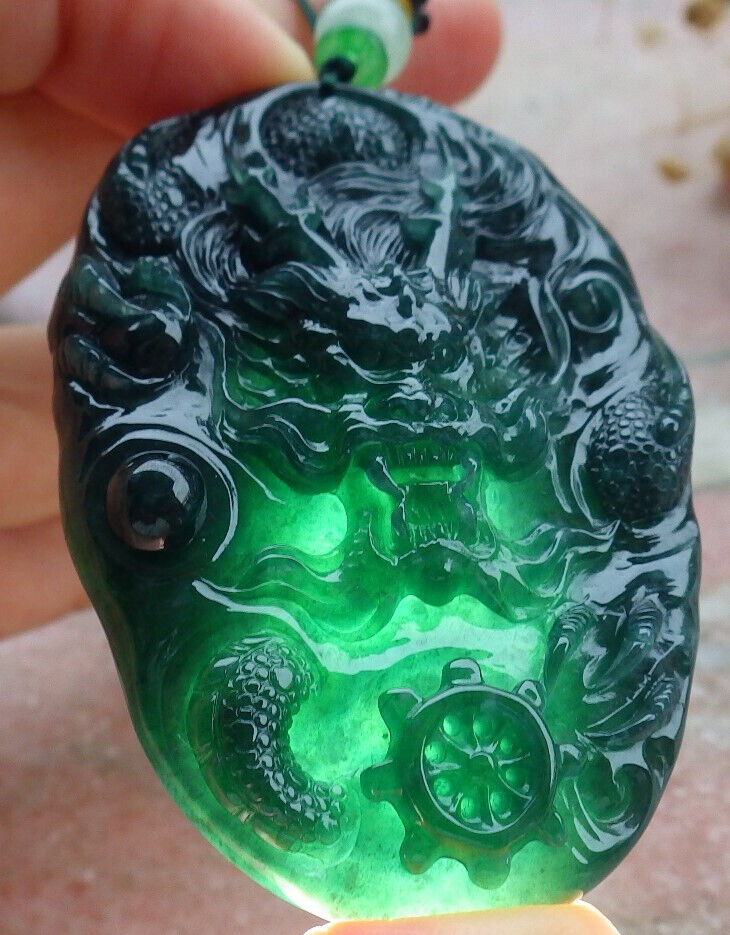 Certified Icy Blue Water Green Burma 100% Natural A Jade jadeite Pendant Dragon Bead Necklace 生意兴隆 636309  TN