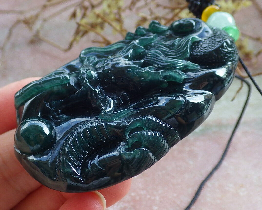 Atestita Glacia Blua Akvo Verda Birmo 100% Natura A Jadejadeita Pendanta Drako-Perlo-Koliero 生意兴隆 632763 TN