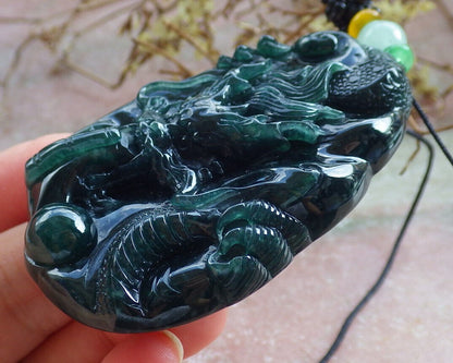 Atestita Glacia Blua Akvo Verda Birmo 100% Natura A Jadejadeita Pendanta Drako-Perlo-Koliero 生意兴隆 632763 TN