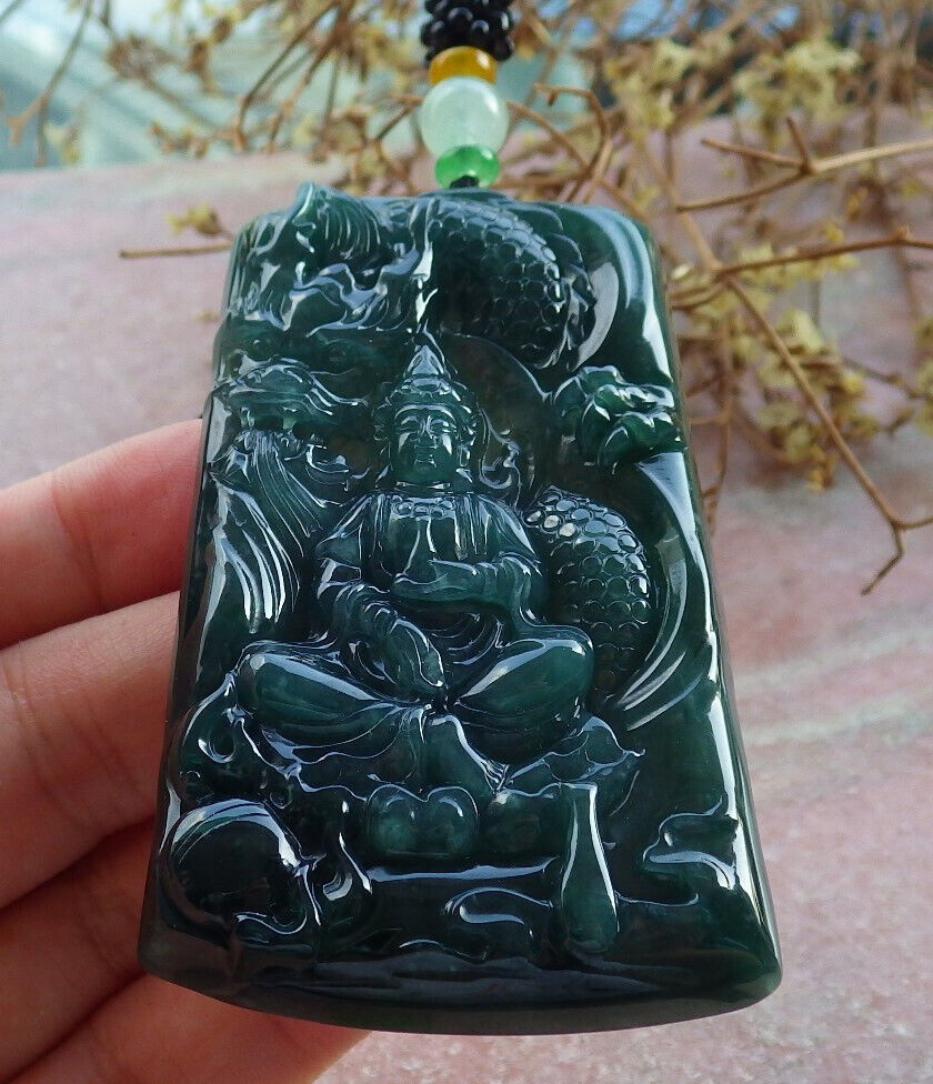 Certified Icy Green Burma 100% Natural A Jade jadeite Pendant Guanyin Kwan Yin Dragon Necklace 观音633224  TN