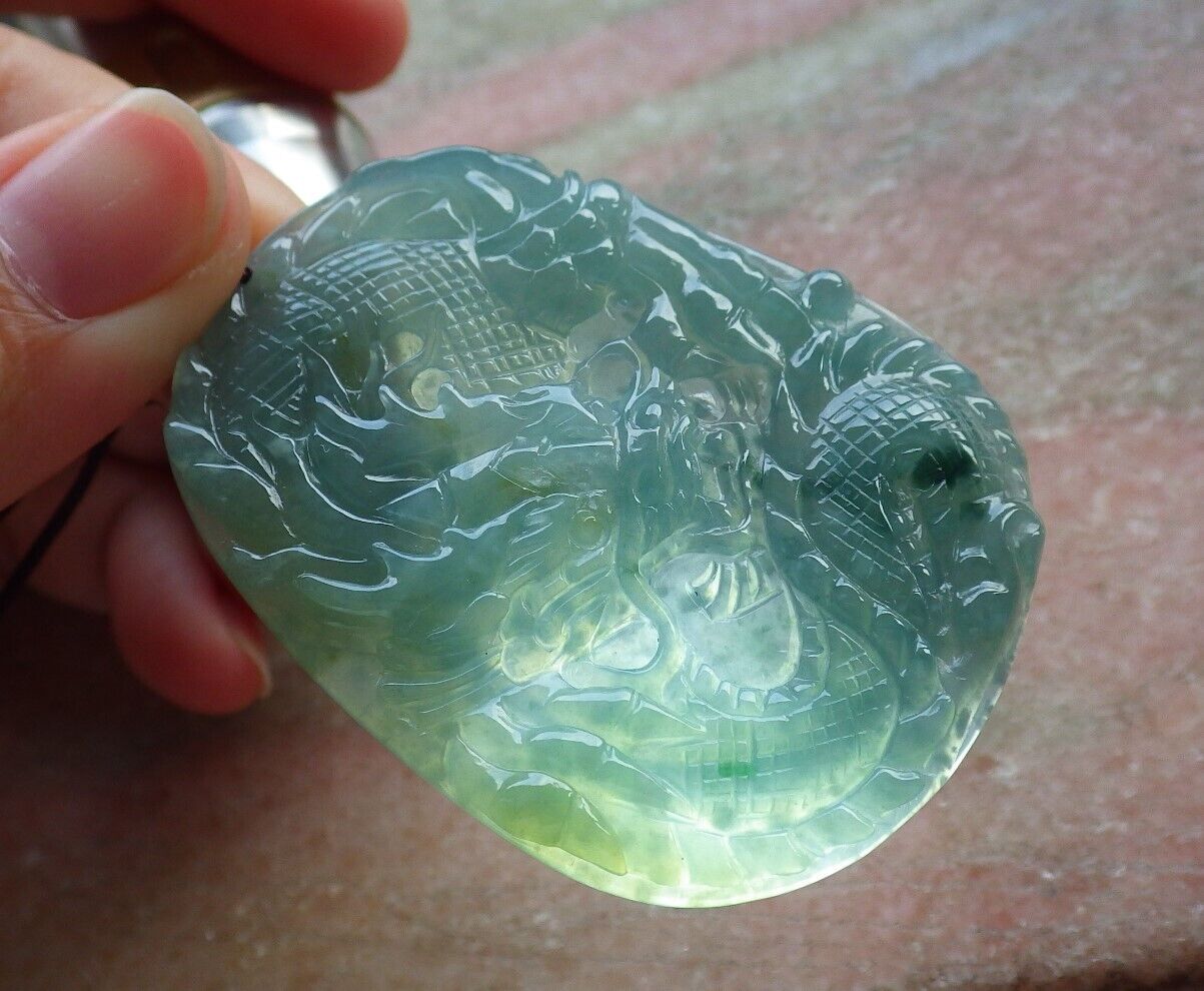 Certified Icy Green Burma 100% Natural A Jade jadeite Pendant Dragon Necklace 生意兴隆 574741 TN