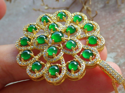 Icy Green Silver 925 Certified Burma 100% Natural A JADE Jadeite pendant Cabochon Flower Necklace 花开富贵 635118  TN