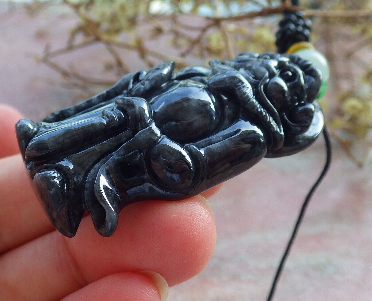 Certified Black Burma 100% Natural A Jade jadeite pendant Zhong Kui God Sword Fan Necklace 钟馗 632886  TN