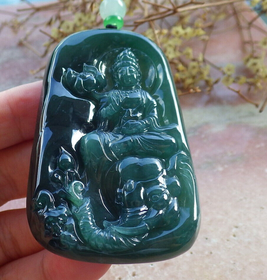 Certified Icy Blue Water Green Burma 100% Natural A Jade jadeite Pendant Guanyin Kwan Yin Elephant Lotus Flower Necklace 观音 632811  TN