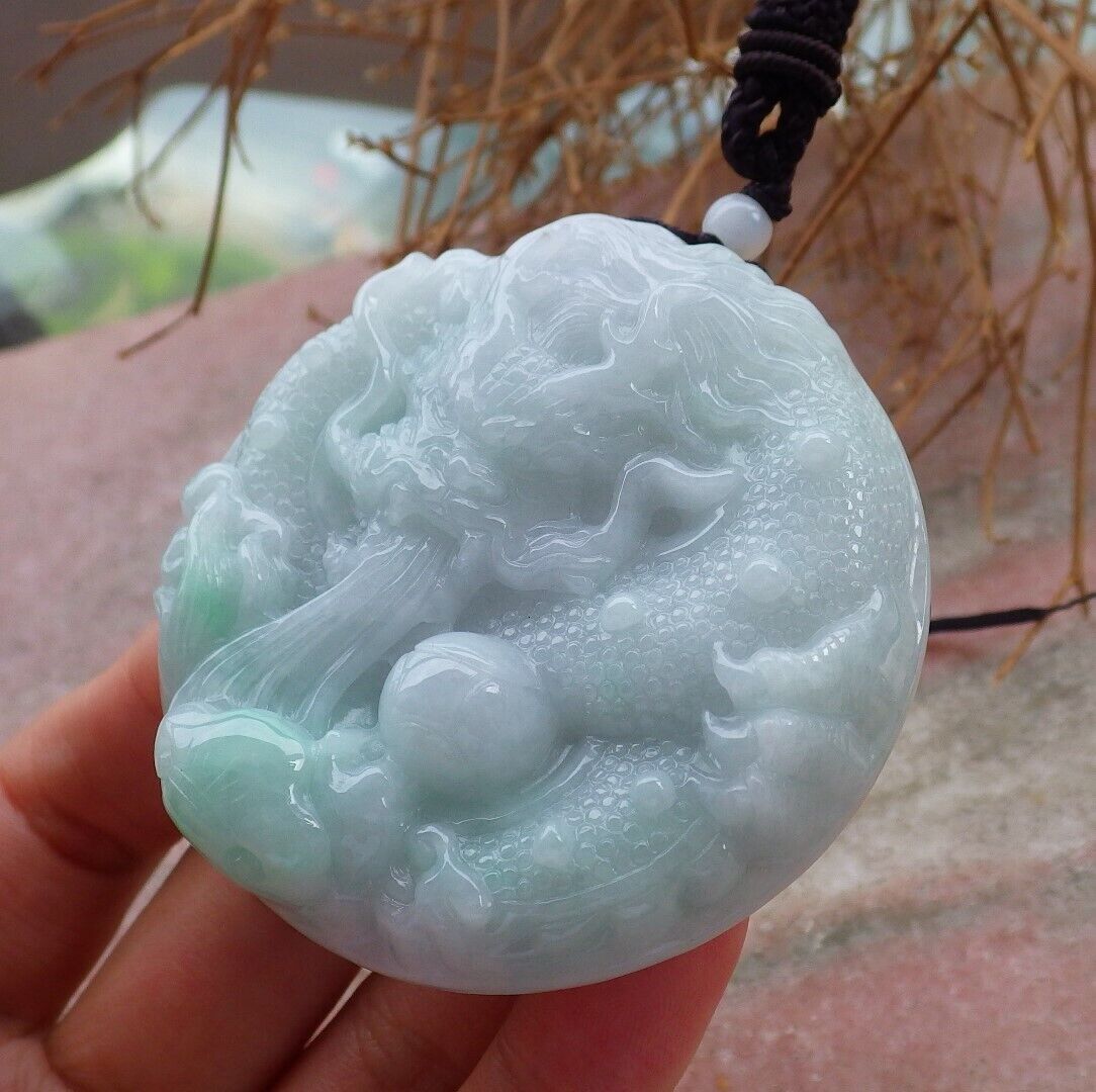 Certified Green 100% Natural A Jade jadeite pendant Dragon Lotus Flower Ruyi Bead Necklace 生意兴隆 520825   TN