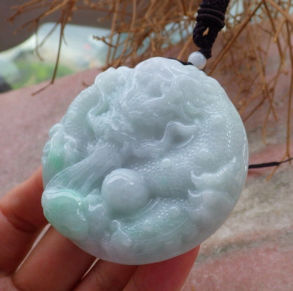 Certified Green 100% Natural A Jade jadeite pendant Dragon Lotus Flower Ruyi Bead Necklace 生意兴隆 520825   TN