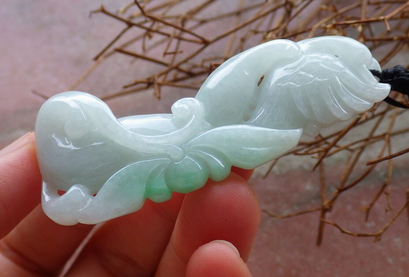 Certified Green 100% Natural A Jade jadeite Pendant Phoenix Lotus Flower Necklace 凤凰 528814  TN