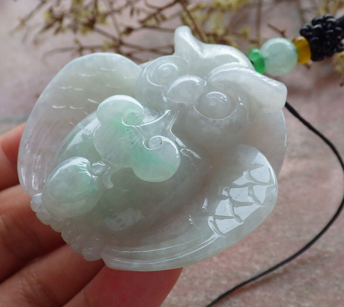 Certified Green Burma 100% Natural A Jade jadeite Pendant Owl Ruyi Necklace 猫头鹰 633380  TN