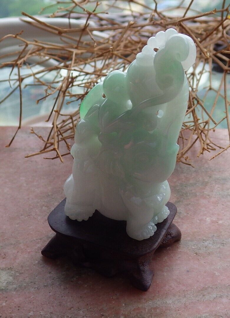 Certified Green 100% Natural A Jade jadeite Display Elephant Monkey Lotus Flower Ruyi Necklace 封侯拜相 521119 *TN* Include woodstand