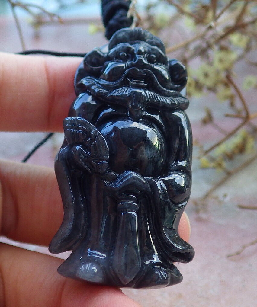 Certified Black Burma 100% Natural A Jade jadeite pendant Zhong Kui God Sword Fan Necklace 钟馗 633163  TN