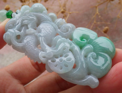 Certified Green Burma 100% Natural A Jade jadeite Pendant Dragon Ruyi Necklace 生意兴隆 636707  TN