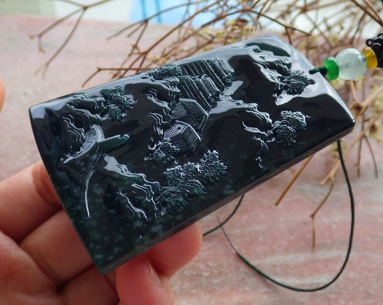 Atestita Glacia Blua Akvo Birmo 100% Natura A Jadejadeito Pendilo Pejzaĝa Pentrado Arba Koliero 山水画 634386 TN