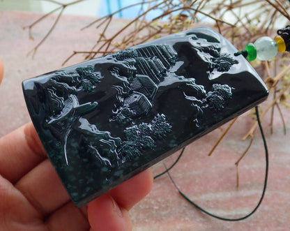 Atestita Glacia Blua Akvo Birmo 100% Natura A Jadejadeito Pendilo Pejzaĝa Pentrado Arba Koliero 山水画 634386 TN