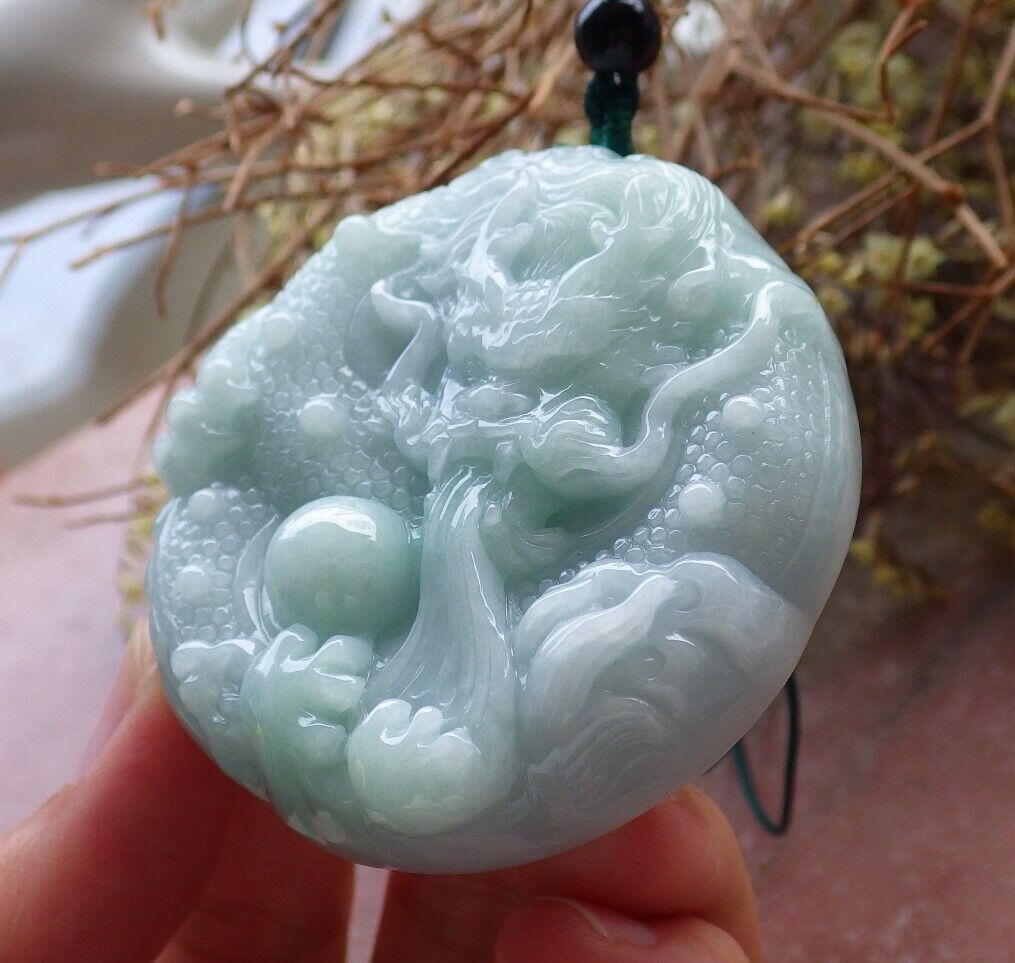 Certified Green 100% Natural A Jade jadeite pendant Dragon Lotus Flower Ruyi Bead Necklace 生意兴隆 523934  TN