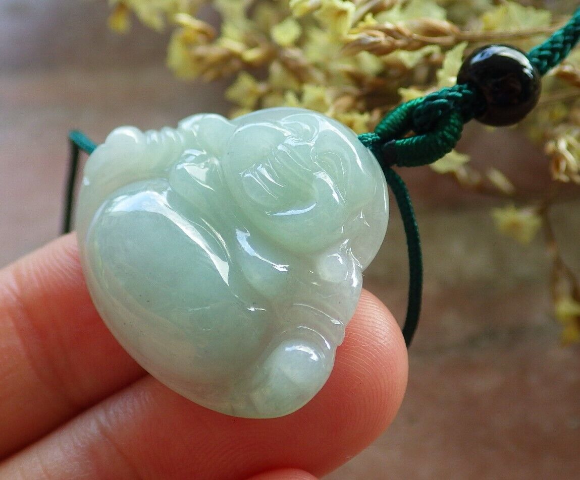 Certified Icy Green 100% Natural A Jade jadeite pendant Happy Buddha God Necklace 开心佛 524340  TN