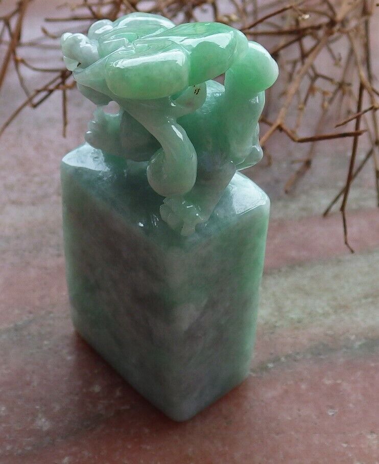 Certified Green 100% Natural A Jade jadeite Display Dragon Pi Xiu Lotus Flower Ruyi Chop Seal 印章 528326  TN