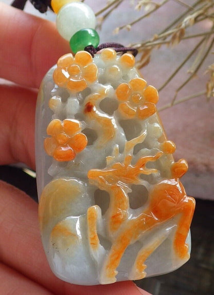 Certified Red Green Burma 100% Natural A Jade jadeite Pendant Deer Flower Necklace 梅花鹿 646488 TN