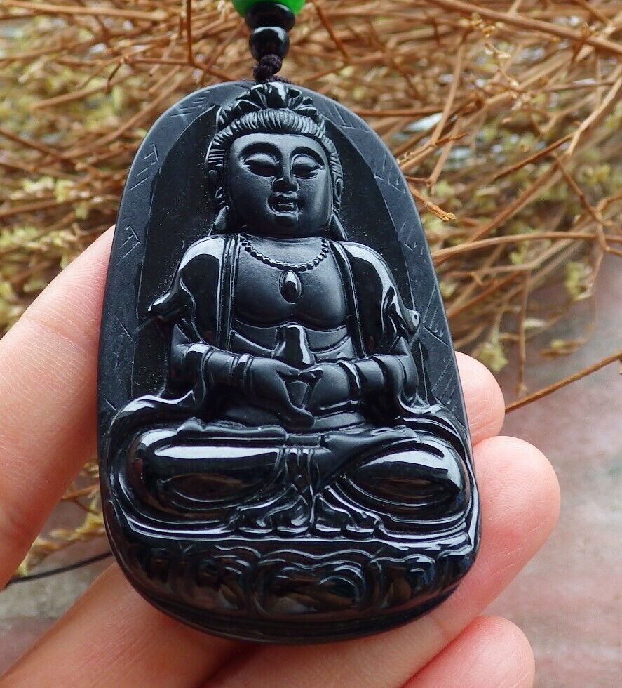 Certified Green Black 100% Natural A Jade jadeite pendant Guanyin Kwan Yin Lotus Flower Necklace 墨翠 观音 525065  TN