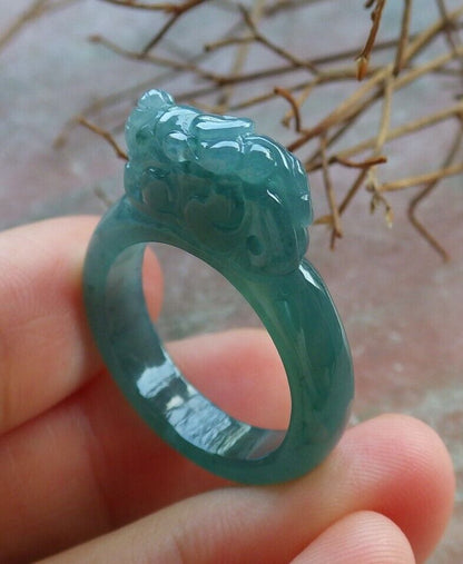 Certified Icy Green 100% Natural A JADE Jadeite Dragon Pi Xiu RING USA. 9.25 风水貔貅戒指 530032  TN
