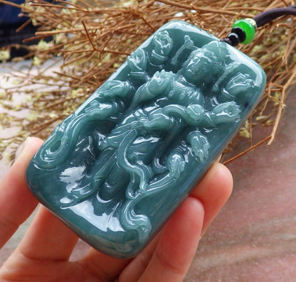 Certified Green Burma 100% Natural A Jade jadeite pendant 1000 Hand Guanyin Kwan Yin Necklace 观音 525088   TN