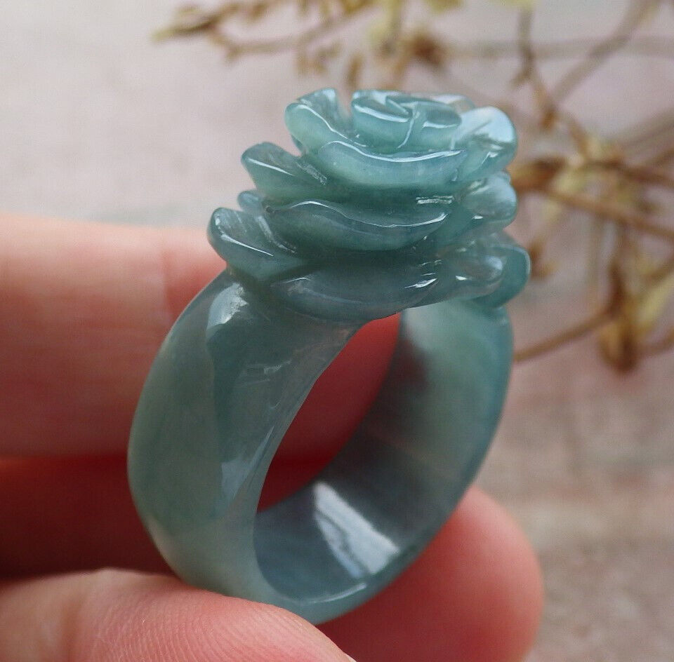 Certified Icy Green Burma 100% Natural A JADE Jadeite Rose Flower RING USA. 8.5 花戒指 634025  TN