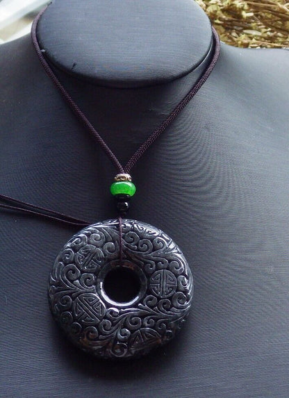 Certified Black 100% Natural A Jade jadeite pendant Longevity Lotus Flower Ruyi Circle Necklace 花平安扣 523920  TN