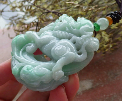 Certified Green Burma 100% Natural A Jade jadeite Pendant Dragon Kai Lun Frog Toad Necklace 574011 TN