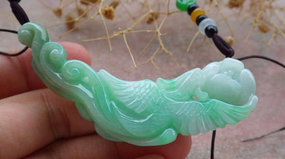 Certified Green Burma 100% Natural A Jade jadeite Pendant Phoenix Flower Ruyi Necklace 凤凰 636603  TN