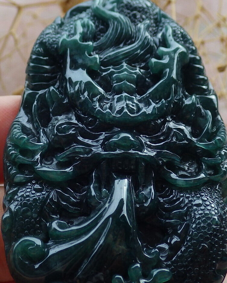Certified Icy Green Burma 100% Natural A Jade jadeite Pendant Dragon Ruyi Necklace 生意兴隆 636188  TN