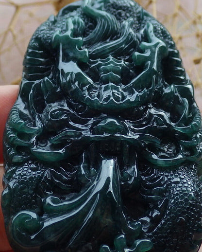 Certified Icy Green Burma 100% Natural A Jade jadeite Pendant Dragon Ruyi Necklace 生意兴隆 636188  TN