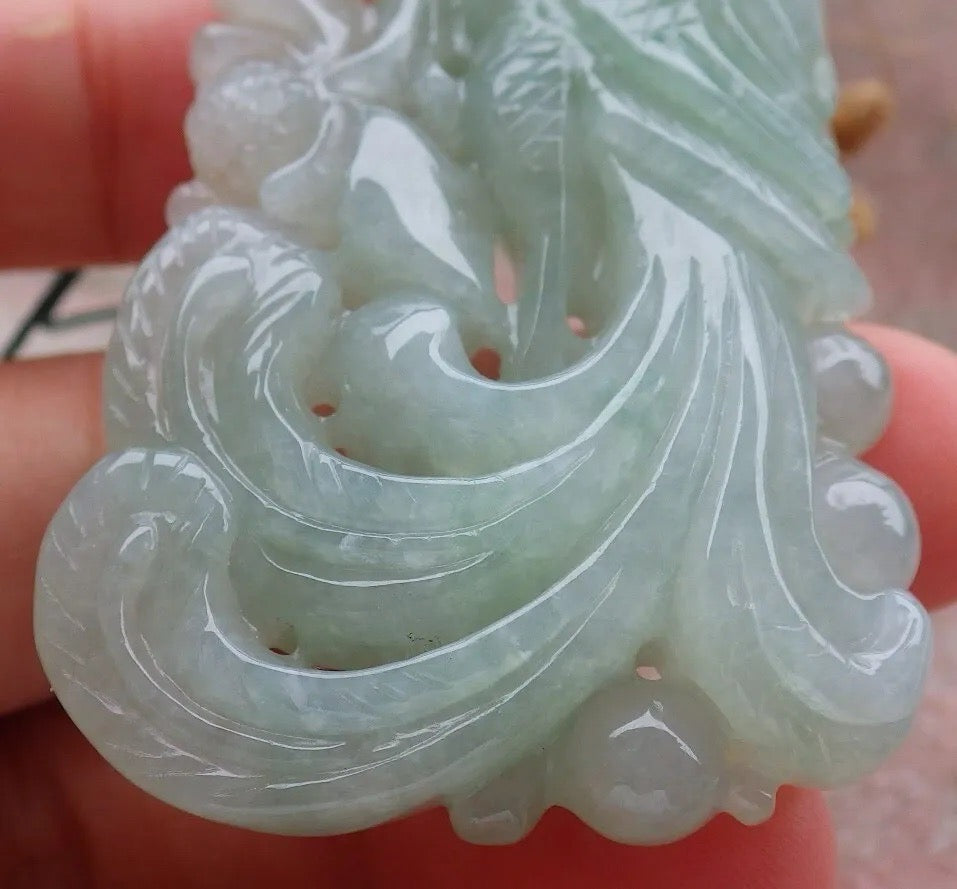 Certified Green Burma 100% Natural A Jade jadeite Pendant Phoenix Lotus Flower Necklace 凤凰 636743  TN