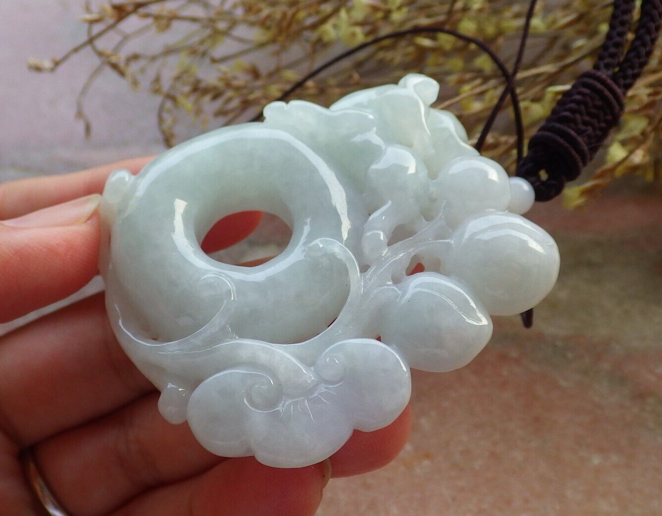 Certified Green Pale Lavender Burma 100% Natural A Jade jadeite Pendant  Deer Peach Ruyi Circle Coin Necklace 梅花鹿 575515 TN