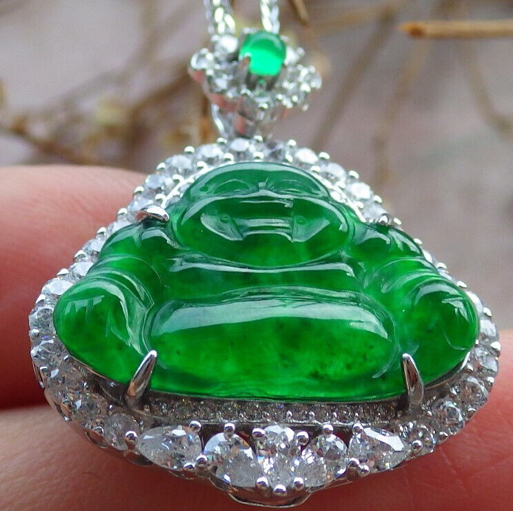 Icy Green Silver 925 Certified Burma 100% Natural A JADE Jadeite pendant Happy Buddha God Necklace 佛公 635238  TN