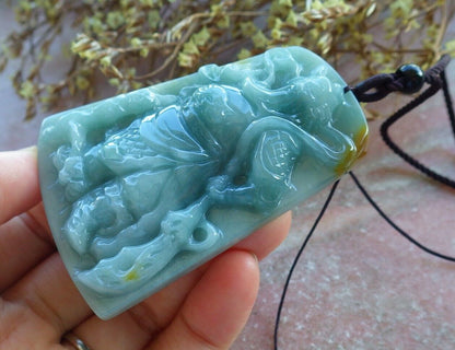 Certified Green Yellow 100% Natural A Jade jadeite pendant Guan Gong God Sword Necklace 关公 529823  TN