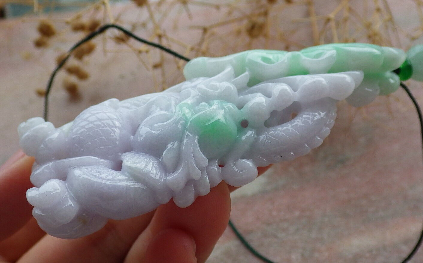 Certified Lavender Green Burma 100% Natural A Jade jadeite Pendant  Dragon Bat Lotus Leaf Necklacde 生意兴隆 636213  TN